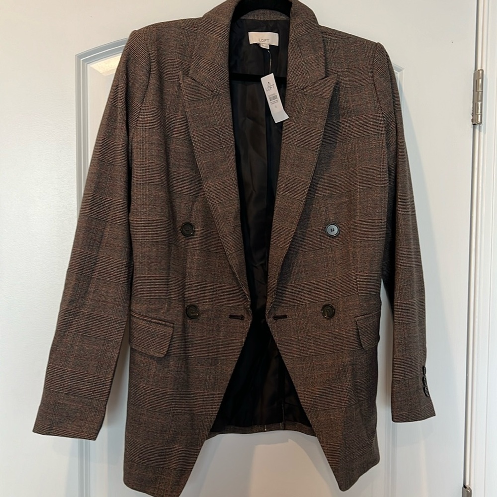 NWT Loft Plaid Long Double Breasted Blazer, Size 8